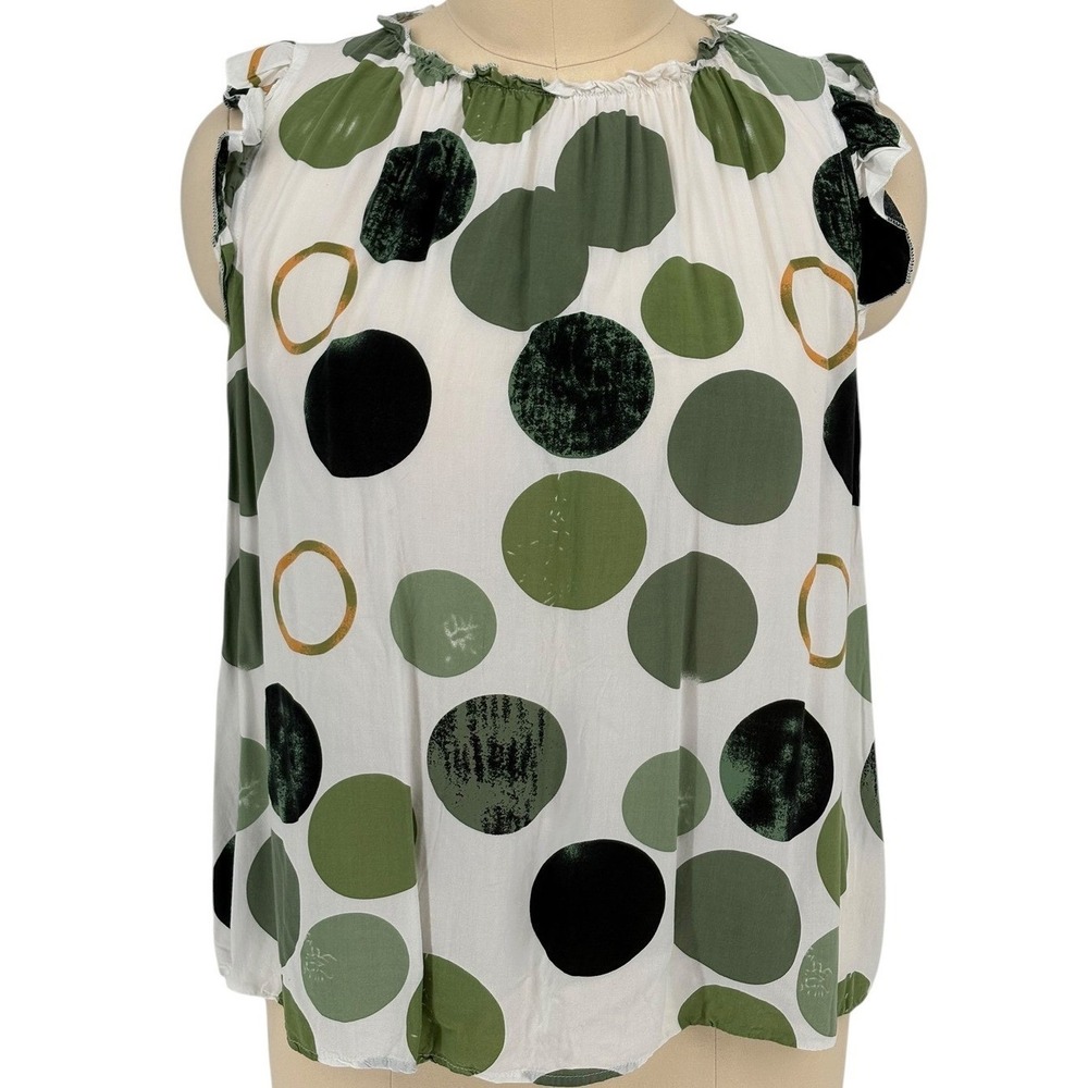 Emery Rose Blouse Green Abstract Polka Dot Ruffle Neck 3XL 100% Rayon